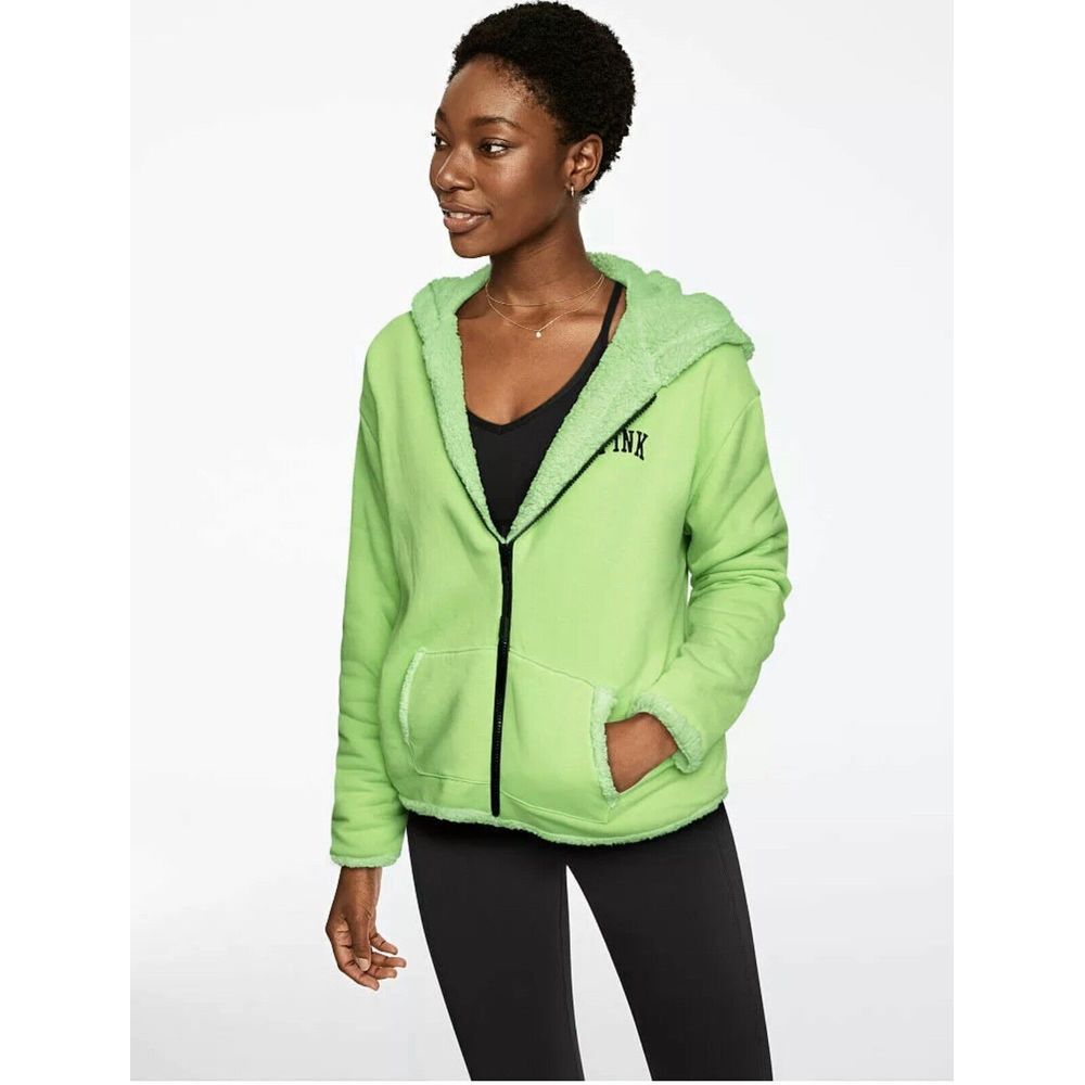Victoria's Secret PINK Reversible Sherpa Hoodie Jacket Full Zip Green NWT XS